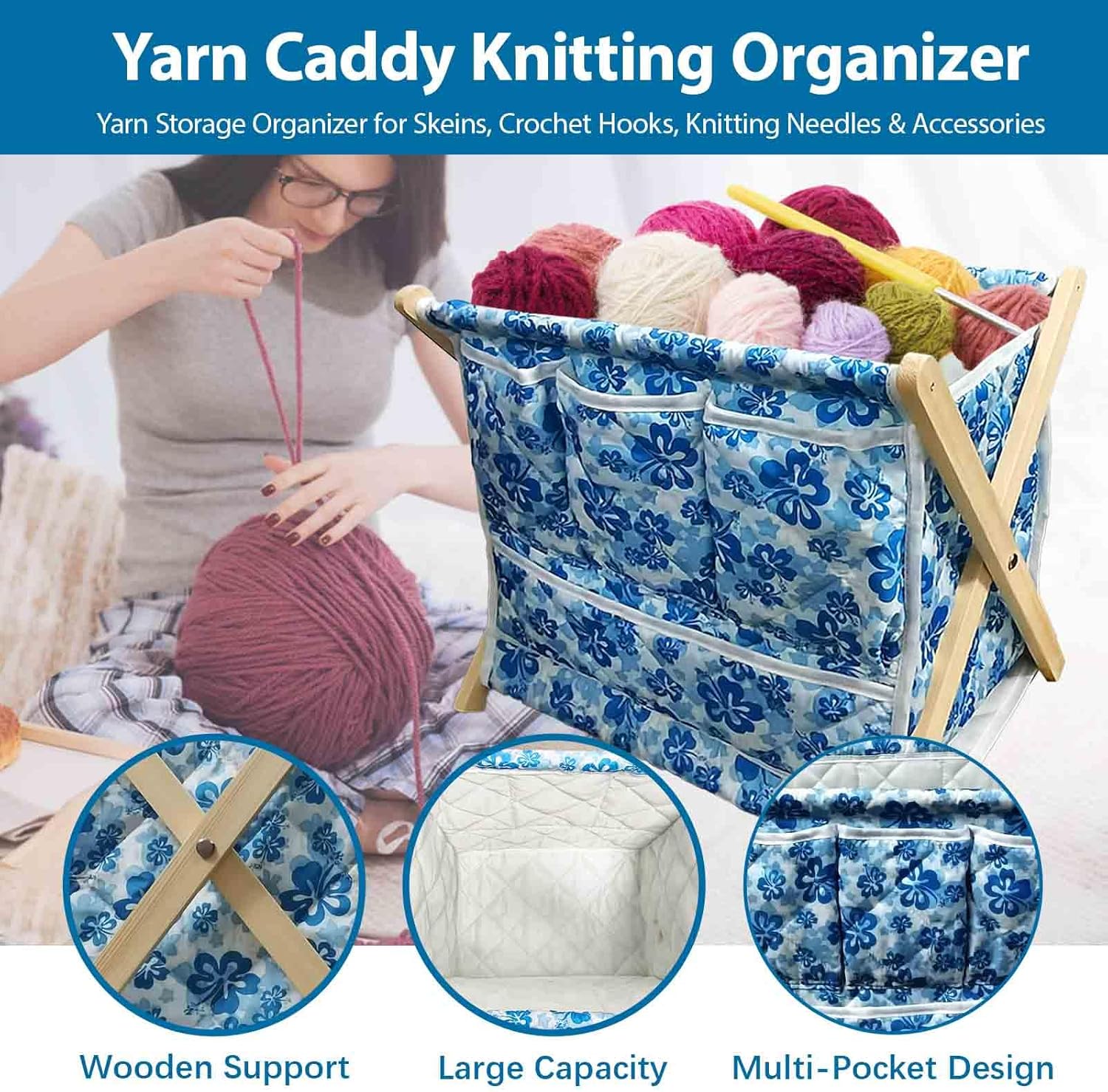 Gkesgm Yarn Storage Organizer for Yarn Skeins，Large Crochet Yarn Holder Case for Carrying Projects, Knitting Needles, Crochet Hooks and Other Accessories