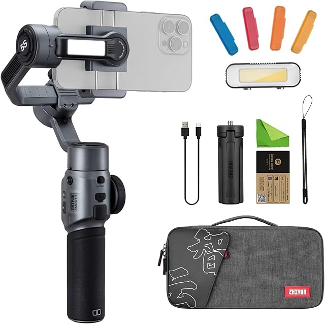 Zhiyun Smooth 5S Combo Gray Gimbal Stabilizer for Smartphone 3-Axis Handheld Gimbal for iPhone,with Magnetic Fill Light,Carrying Bag(Zhiyun Smooth 5 Upgrade)