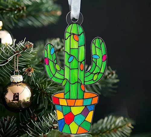 Cactus Acrylic Christmas Ornament - Stained Glass Style - Holiday