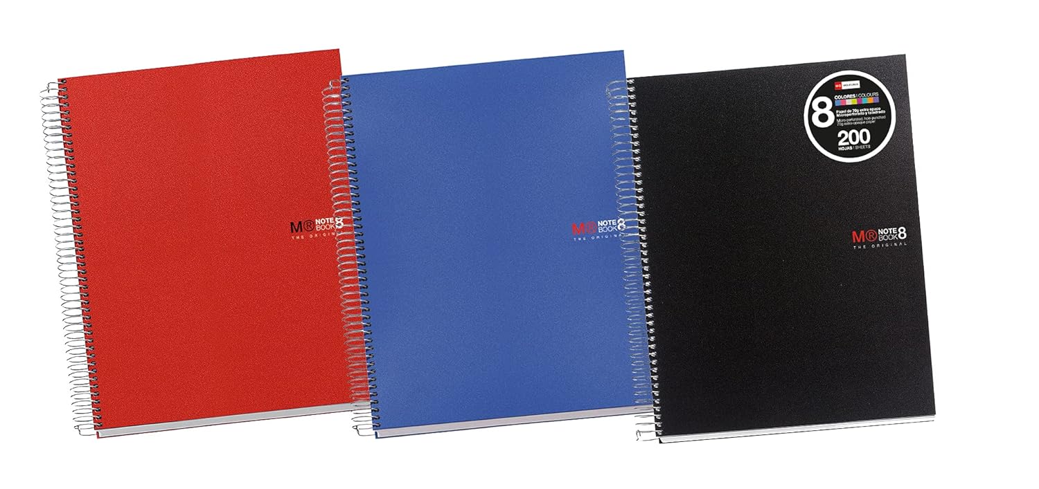 Miquelrius - Pack of 3 A4 notebooks, The Original Classic Notebook, 8 Coloured Stripes, Polypropylene Cover, 4 Holes for Filing, 200 Sheets of 70 g/m², Squared Notebook 5 x 5 mm