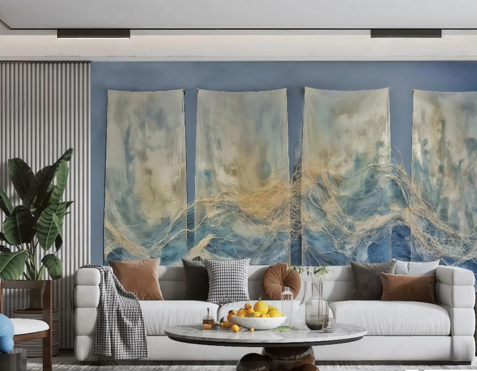Tapeta sztuka nowoczesna cyjan gaza złoty liść krajobraz obraz TV sofa tło tapeta ścienna salon restauracja kawiarnia, 3D, 200 x 140 cm