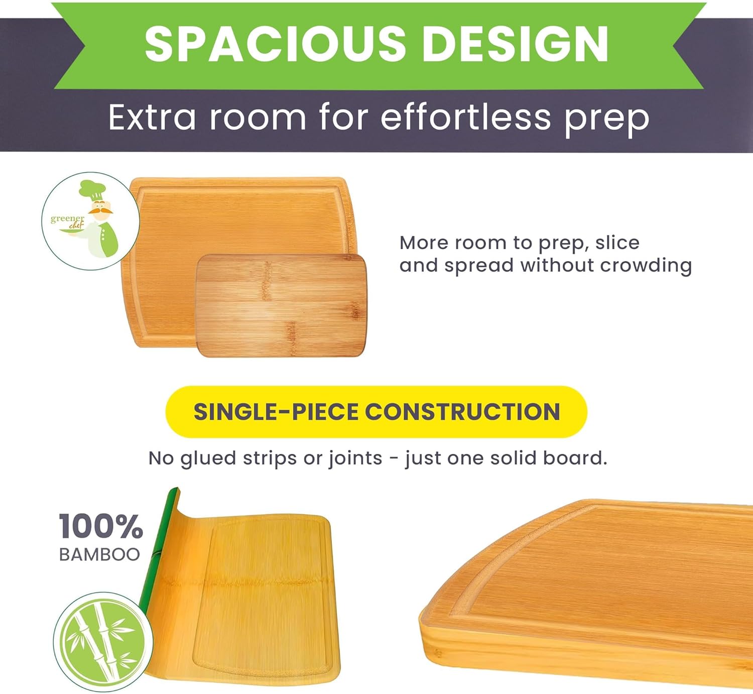 Glue-Free Surface™ 2XL Extra Large Bamboo Cutting Board Set of 4 – Small, Medium, XL, and Oversized Sizes from Chopping Vegetables to Carving Meat & Turkey for Large Family Meal Prep and Gatherings