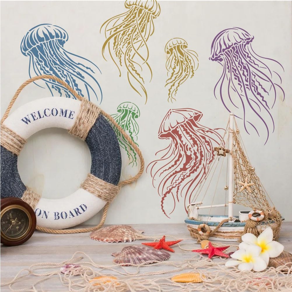 FINGERINSPIRE 4PCS Jellyfish Painting Stencils with Paint Brush 8.3x11.7inch Reusable Swimming Jellyfish Drawing Template DIY Ocean Animal Stencil Ocean Theme Template for Painting on Wall Floor