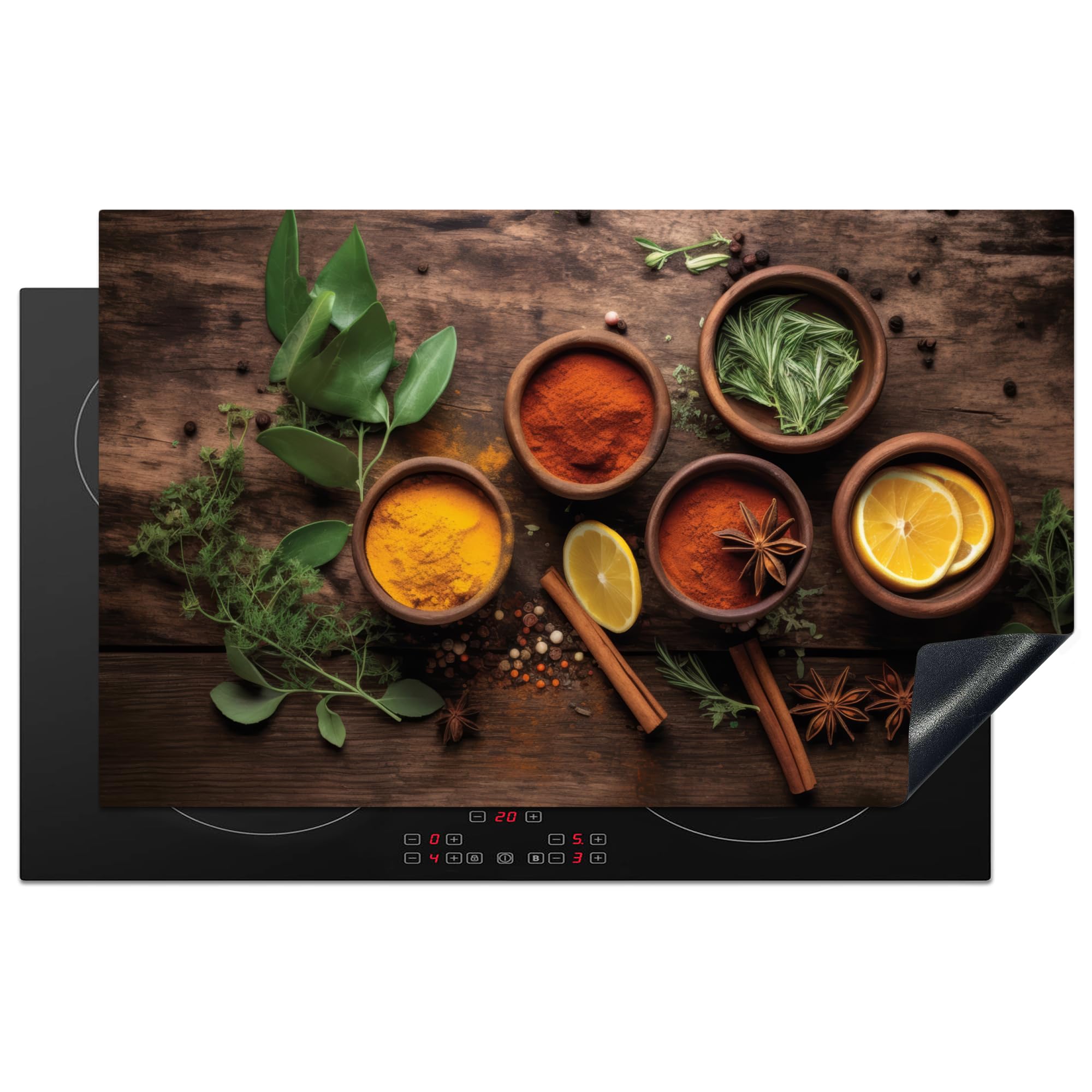KitchenYeah© Induction Hob Cover Protector Mat 20.3"x32.7" / 83x51.5 cm Kitchen Universal Ceramic Covers for Electric Cookers Vinyl Fruit - Spices - Herbs - Cinnamon - Wood Print — image 1