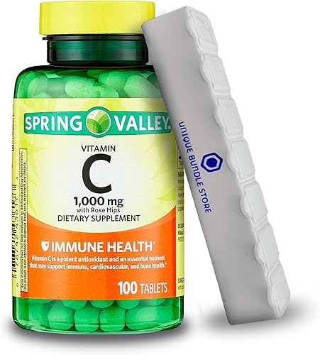 Spring Valley, Vitamina C con Rose HIPS 1000 MG, 100 tabletas suplemento dietético, vitamina C 1000 mg, organizador de píldoras de 7 días incluido