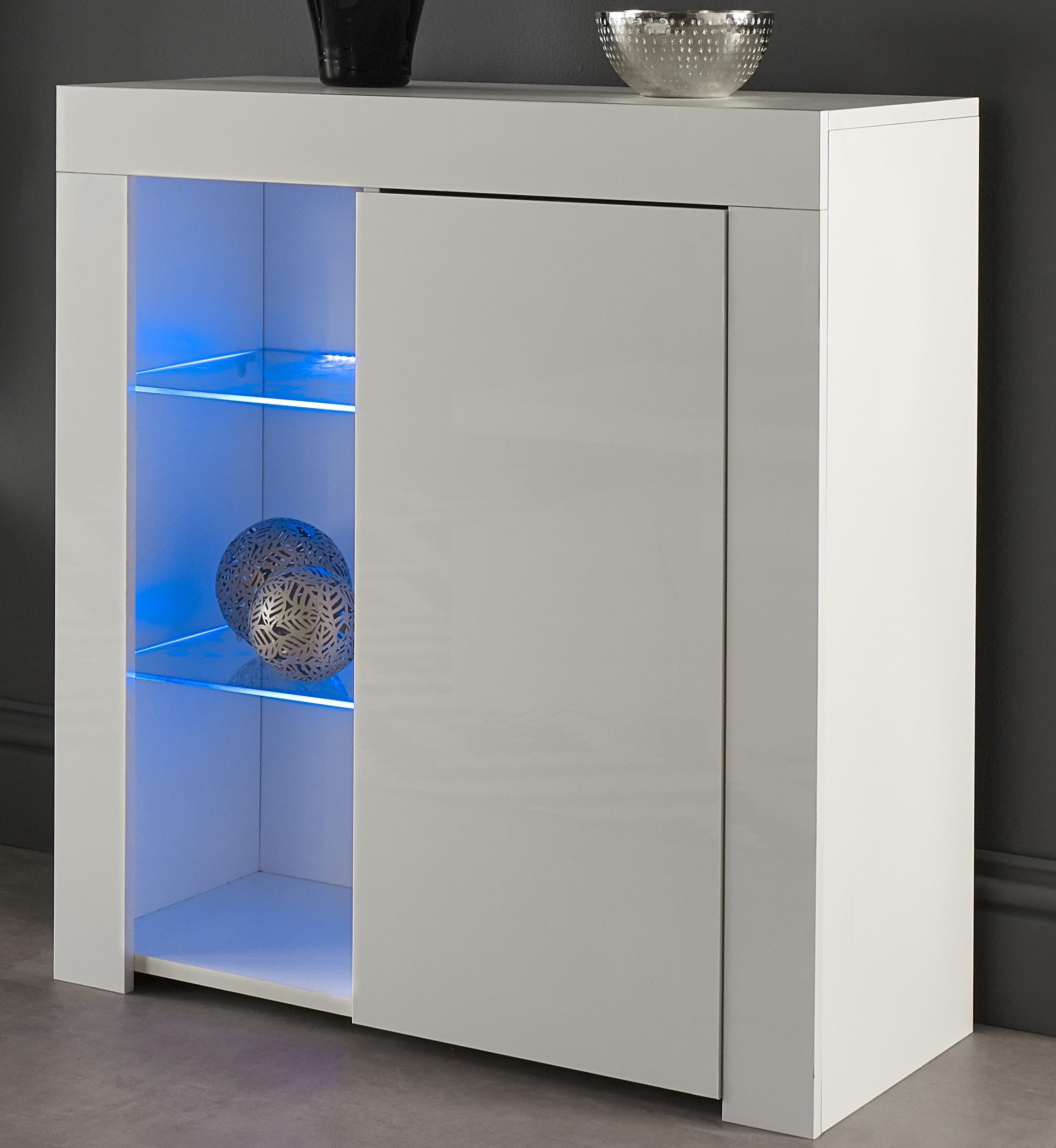 MMT Furniture Designs Ltd Credenza moderna bianca lucida – Mobile da soggiorno bianco lucido con luci a LED - Colore: bianco opaco/lucido, piccola