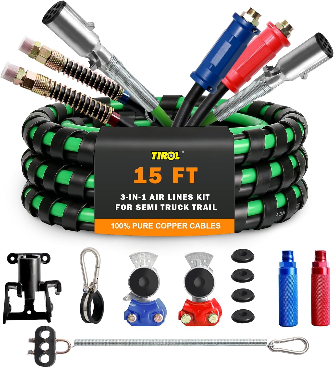 TIROL 15FT Semi Truck Air Line Kit, 3 in 1 Truck Air Brake Hoses & 7 Way Electrical Trailer Cord, Aluminum Gladhands, Holder, Handles, Stainless Steel Spring Kit & Seals for Semi Truck Trailer Tractor