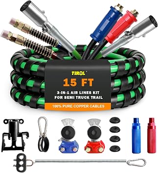 TIROL 15FT Semi Truck Air Line Set,3-IN-1 Air Brake Hose&7 Way Trailer Cord