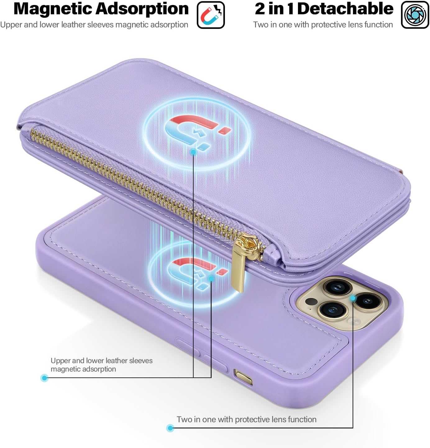 Antsturdy 2 in 1 Detachable for iPhone 14 Pro Wallet case with Magsafe,RFID Blocking Magnetic Wireless Charging PU Leather Phone case Flip Folio Cover Card Holder Wrist Strap Women Men,Purple