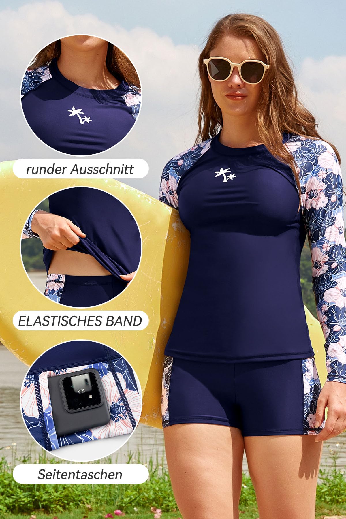 SHEKINI Damen 2 Stück Langärmelige Rash Guard Set Badeanzug mit Zwei Seitentaschen Boyshort