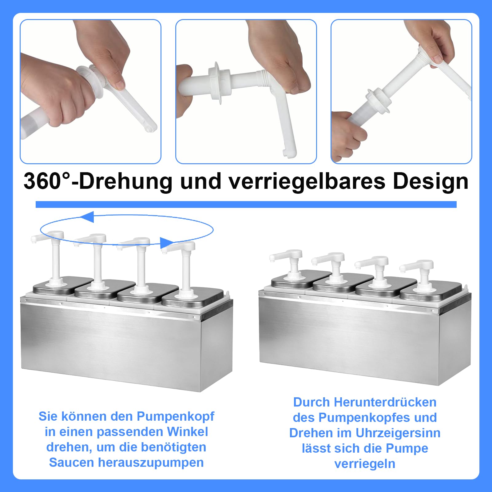 8L Ketchup Spender, Saucenspender mit 4 Pumpen, 8 Etiketten, Abnehmbar, Edelstahl-Gewürzpumpstation Küchensoßenspender, Salat Marmeladen Gewürz Gewürz Quetschpumpenbehälter für Küche und Restaurant