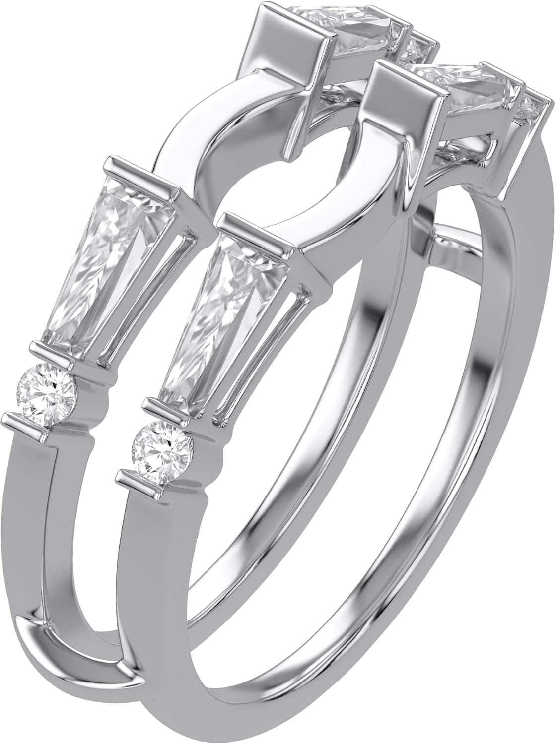 Tapered Baguette & Round Cut White Cubic Zirconia OR Lab Grown Diamond Curved Double Ring Enhancer Guard for Women in 10K or 14K Solid Gold, Bridal Wedding Band Wrap for Engagement Ring Jewelry for Her