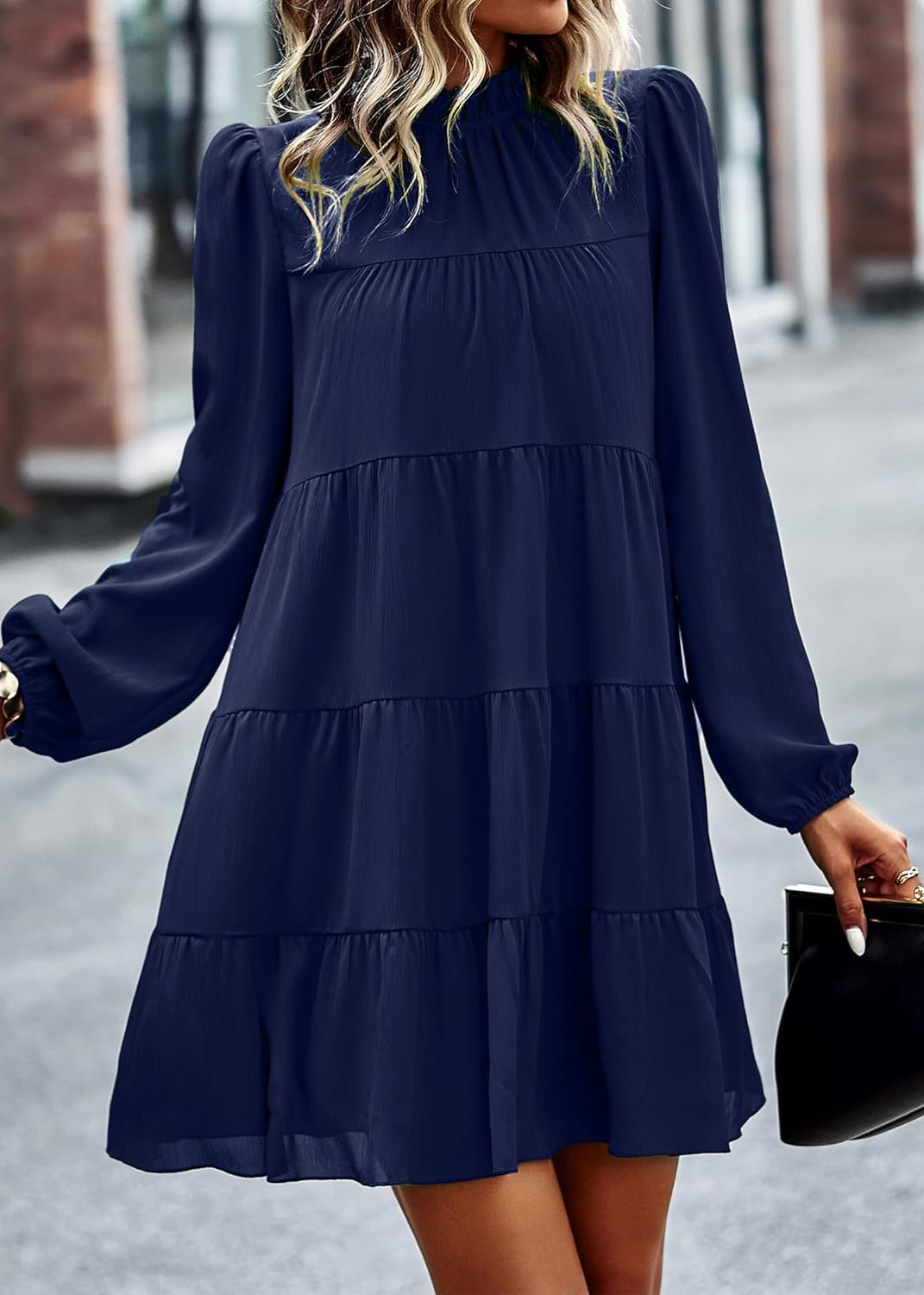KIRUNDO Long Sleeve Baby Doll Dresses Women 2026 Casual Spring Summer Ruffle Mock Neck Tiered Mini Flowy Swing Shift Dress - Image 2