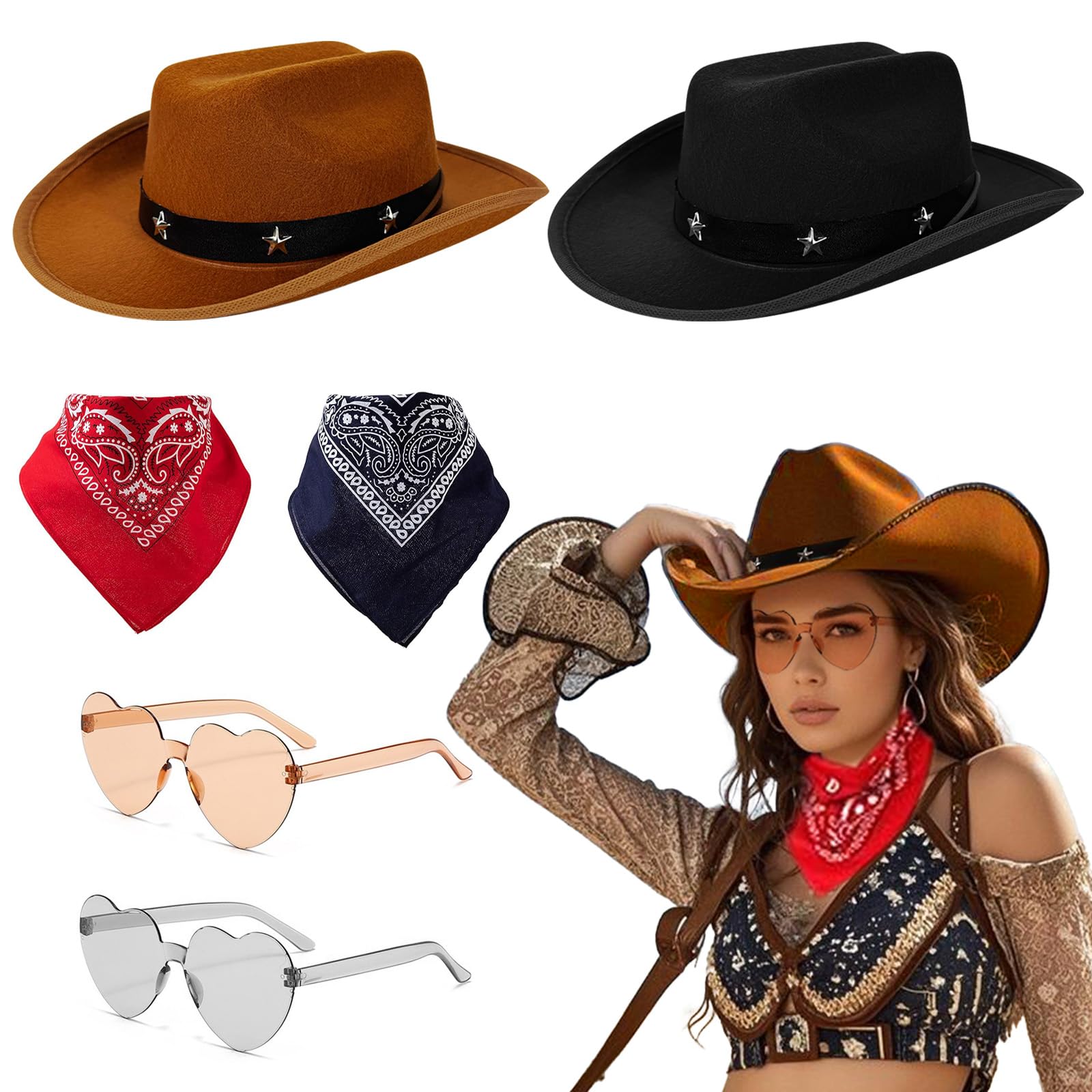 Hlayshing 6Pcs Cowboy Hat Fancy Dress Accessory, Cowgirl Hat,Cowboy Costume Set with Paisley Bandanna and Glasses,Costume Accessories for Men, Women, Halloween,Adults Wild West Fancy Dress Party