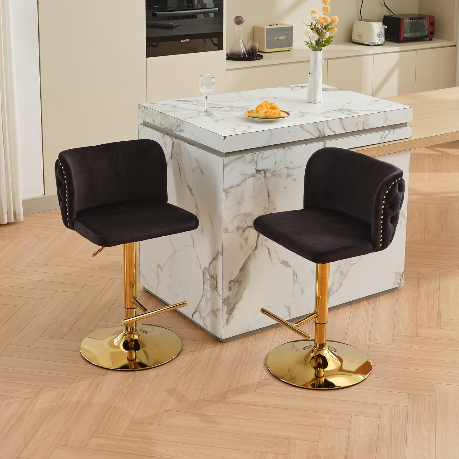 Velvet Bar Stools Set of 2, Swivel Barstools bar Height Adjustable Counter Stool with Back Button Tufted Wingback and Gold Chrome Metal Leg, Bar Chairs for Kitchen Island Dining Room Pub, Black