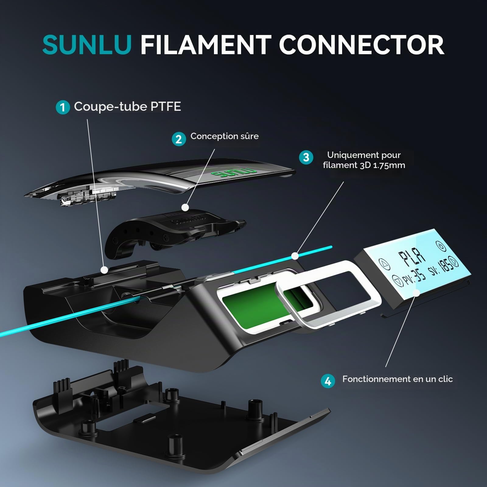 Filament Connecteur avec 200 Tubes PTFE, SUNLU Filament Connector pour Imprimante 3d Filaments 1,75mm, Episseur de Filaments Compatible avec PLA PETG TPU ABS PA Nylon