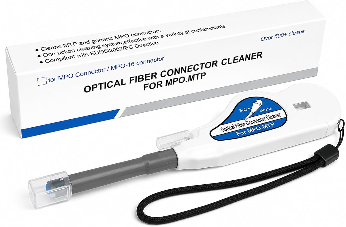 Limpiador de fibra MPO/MTP de un clic para conectores MT, más de 500 limpiezas | También para adaptadores y transceptores QSFP, herramienta de limpieza rápida de pluma (blanca) con cordón de seguridad incluido