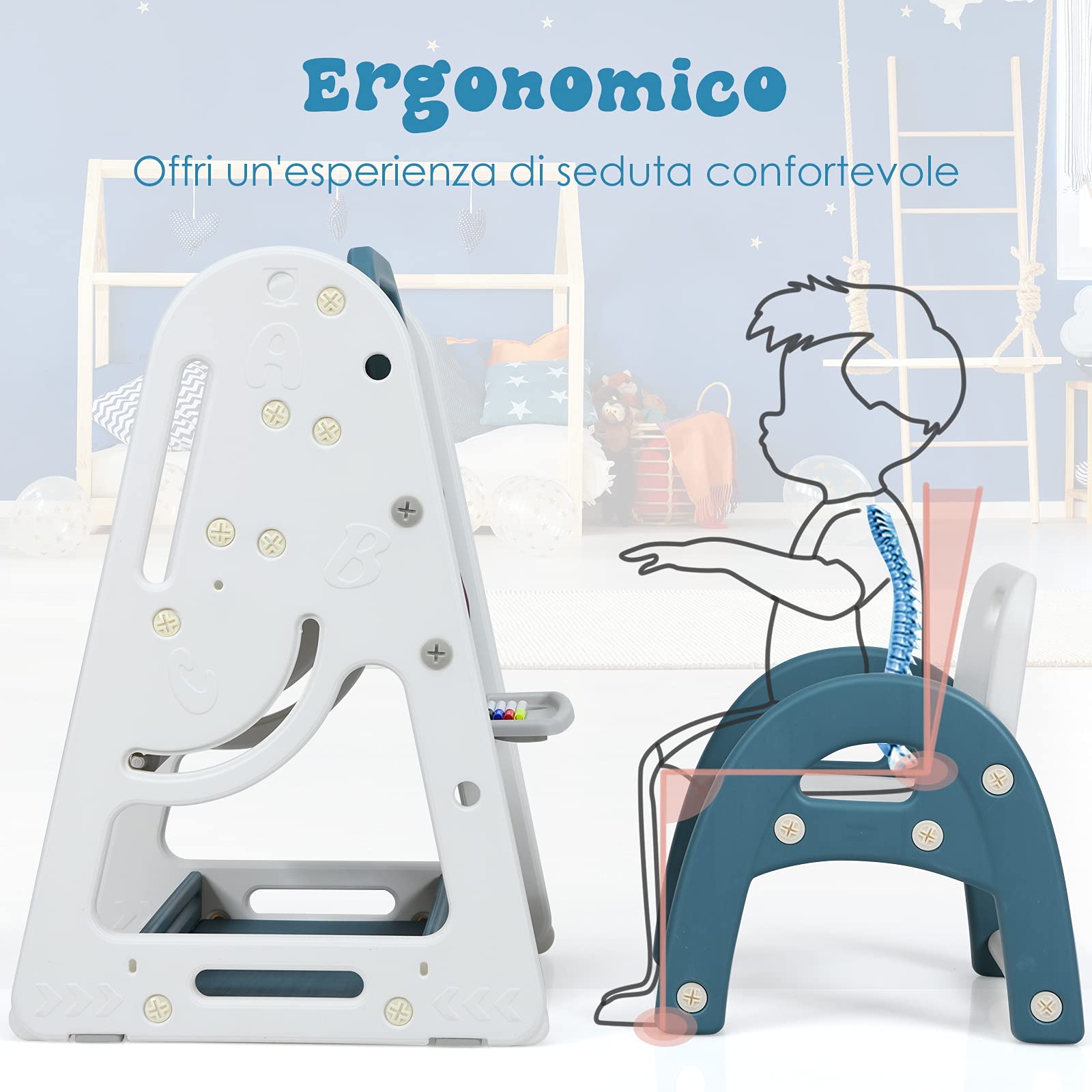 COSTWAY Set 2 in 1 Cavalletto per Bambini, Lavagna Magnetica Multifunzione Bifacciale, Libreria Bambini Altezza Regolabile, con Sedia e Accessori (Blu)