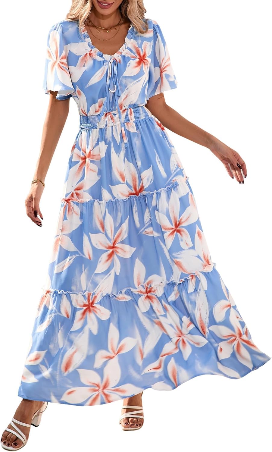 KIRUNDO Spring Summer Wedding Guest Dresses for Women 2026 Boho Floral Short Sleeve V Neck Ruffle Tiered Flowy Maxi Dress