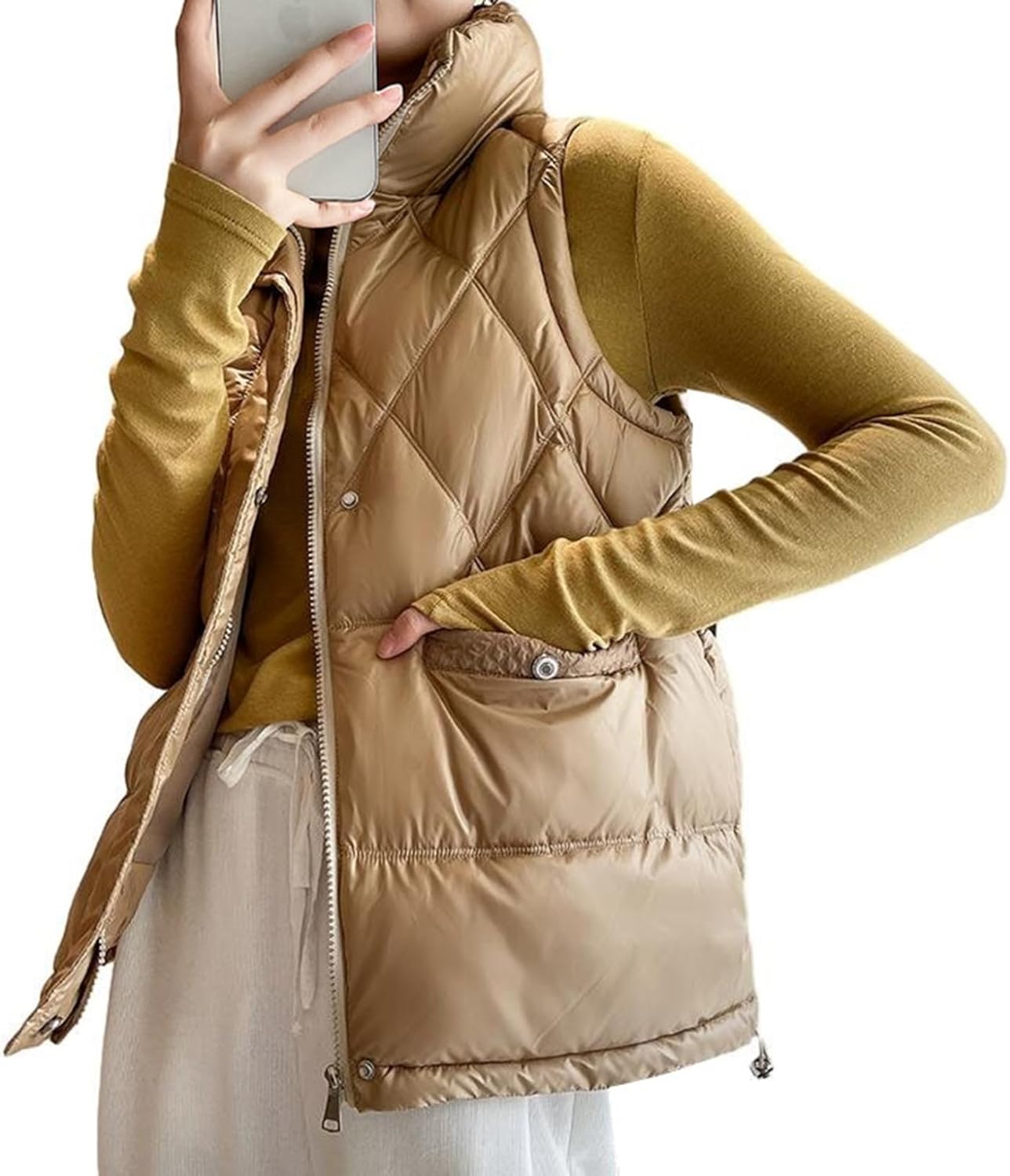 [Vihana] 中綿ベスト レディース 学生 綿入り 秋 冬服 防寒 あったか 超軽量 ダウンベスト スタンドカラー 袖なし ジッ