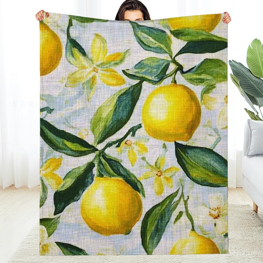 Couverture de voyage et camping en flanelle à fleurs de citrons plaid doux pour voiture
