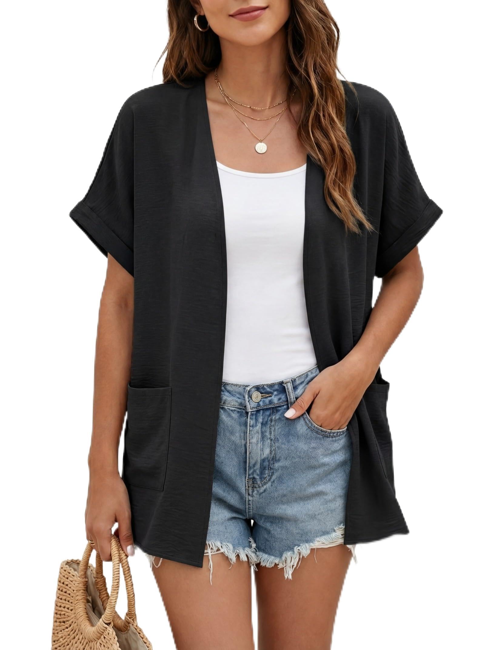 Short Sleeve Cardigan for Women Lightweight Summer with Pockets Open Front Casual Beach Cover Ups 2026-image-29
