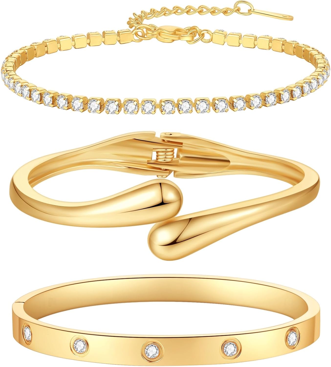 PDWZNBA 18K Gold-Plated Bracelet Set – Floral Clover, Tennis, Chunky Adjustable Twist Cuff, Classic Gold-plated Bangle Stainless Steel, Non Tarnish, Stackable Bracelet Gift for Women