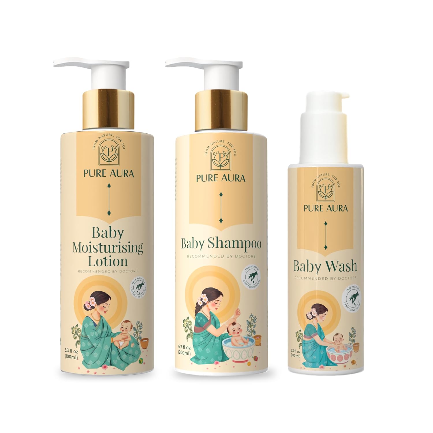 Baby Care Set, Ayurvedic Tear-Free Shampoo, Body Wash & Moisturizing Lotion, Natural Herbal, for Newborns & Sensitive Skin, 3 Piece Kit