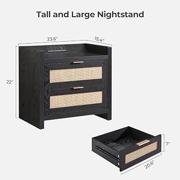 SICOTAS Rattan Night Stand Bedside Table : Nightstand with 2 Large Drawers | Farmhouse Boho Night Stand with Type-C Charging Station, Storage, End Table Side Table for Bedroom, Small Space, Black