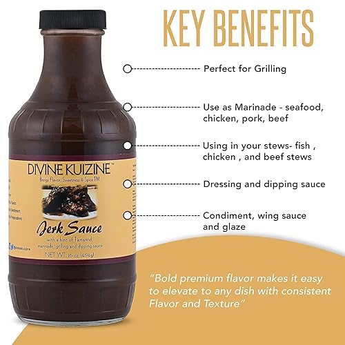 Miniatura 6 de Divine Kuizine Salsa Jerk  Esmalte Jamaicano BBQ  Condimento  Barbacoa de especias picantes de 16 onzas  Pollo marinado, carnes, carnes ahumadas y