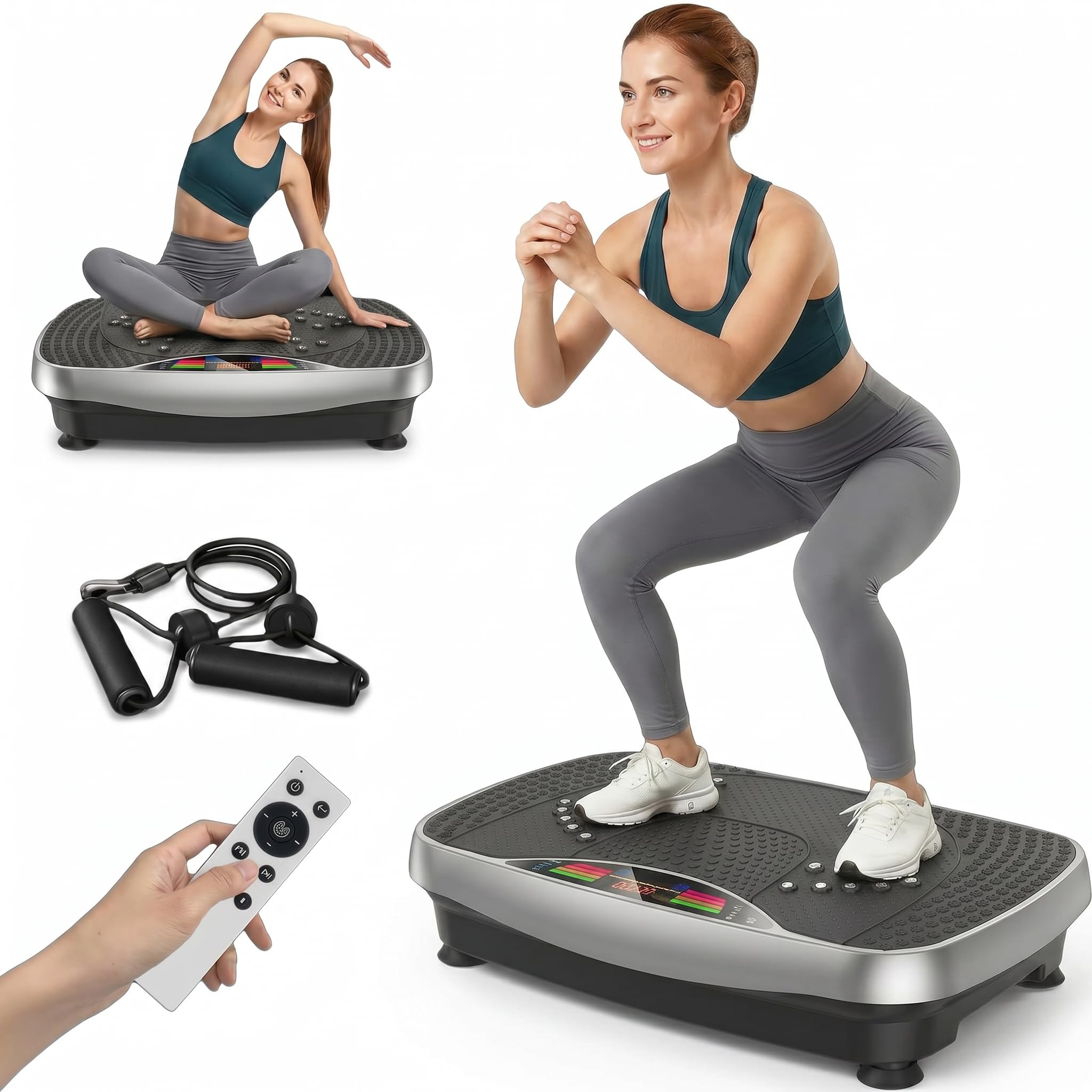 Vibrationsplatte, Rüttelplatte Sport für Zuhause, Vibrationsboard mit 150kg Belastbarkeit, 99 Stufen, Kompaktes Design mit Leisem Motor, Trainingsbänder, Vibrationsplatte für Frauen und Männer