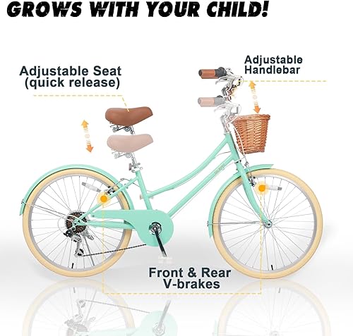 Miniatura 6 de Glerc 20 24 26 Inch Beach Cruiser Bike, 6-Speed Hybrid City Bicycle for Girls Youth and Over 6 Years Old, Missy Bike with Wicker Basket &
