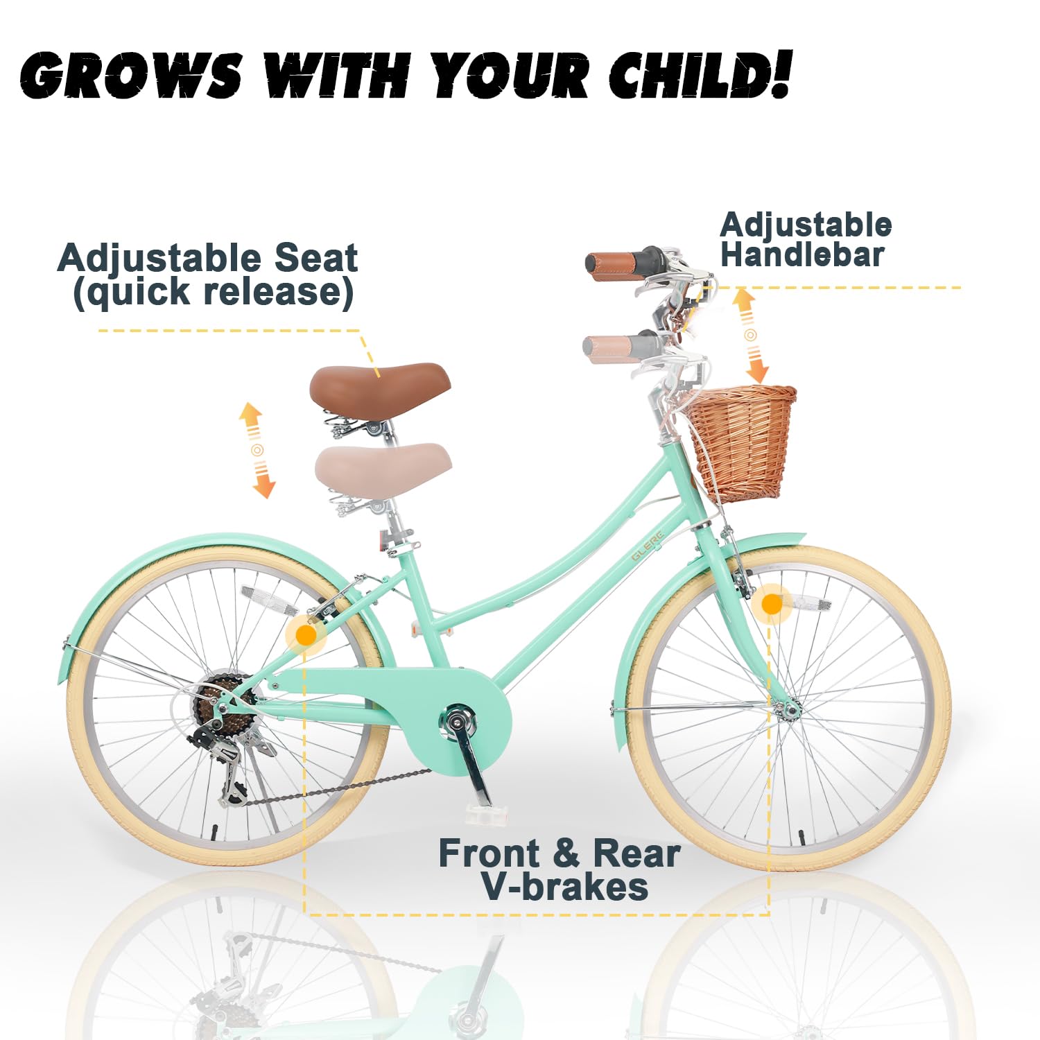 Glerc 20 24 26 Inch Beach Cruiser Bike, 6-Speed Hybrid City Bicycle for Girls Youth and Over 6 Years Old, Missy Bike with Wicker Basket & Lightweight, Multiple Colors