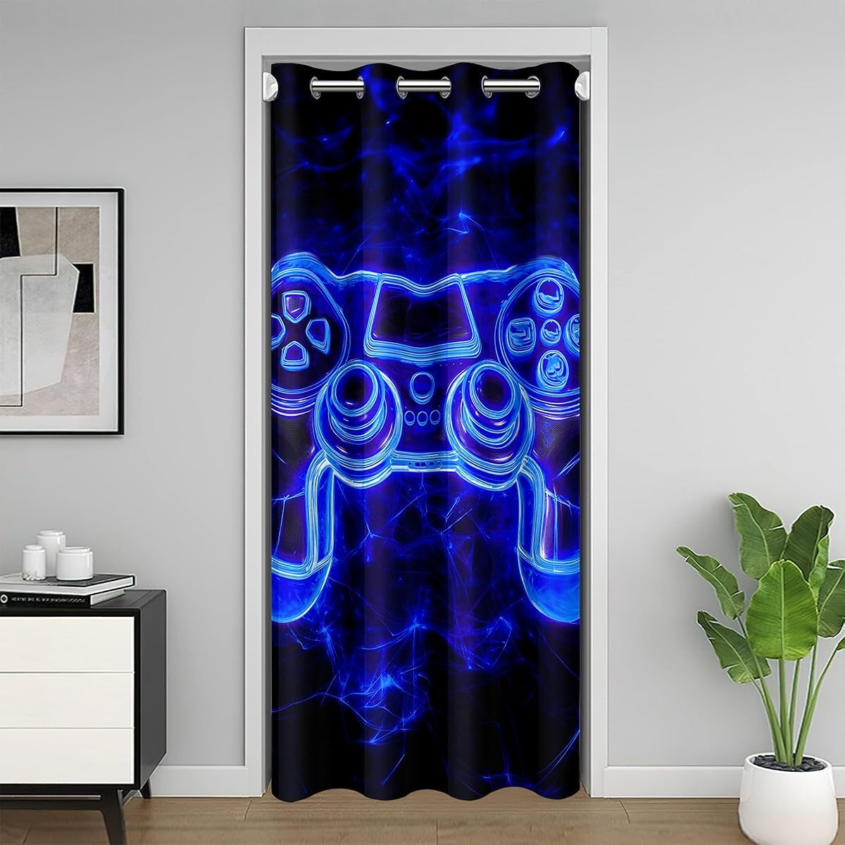 jejeloiu Dark Blue Gamer Door Curtain for Doorway Window 52" x 84" Gaming Thermal Insulated Temporary Room Dividers Gamepad Closet Cover Bedroom Living Room Microfiber