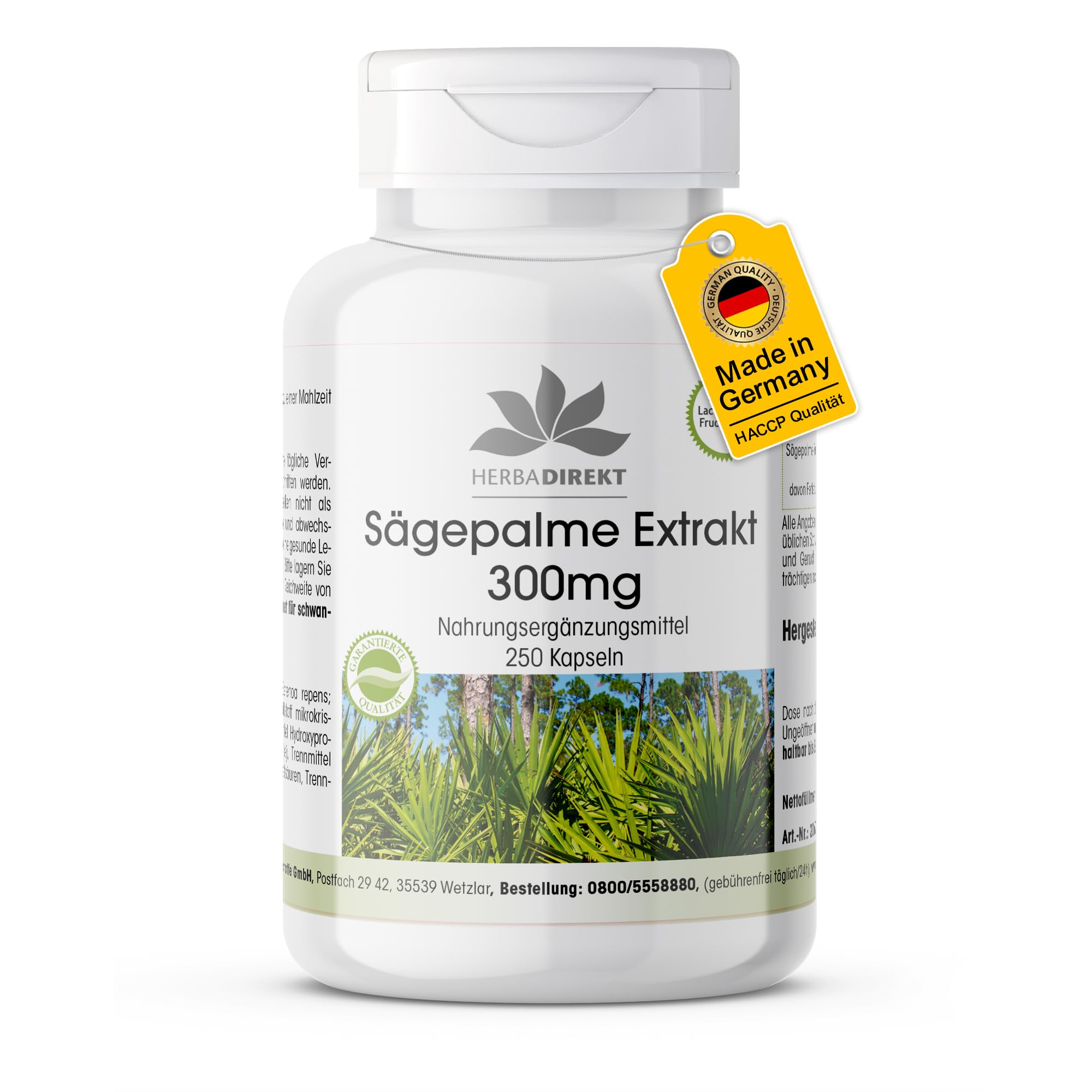 Sägepalme Extrakt 300mg - 250 Kapseln - schluckfreundlich - mit Beta-Sitosterol - Großpackung | HERBADIREKT by Warnke Vitalstoffe - Deutsche Apothekenqualität