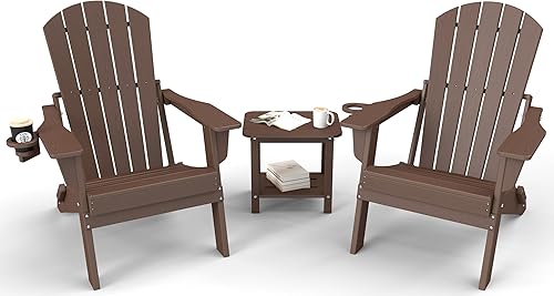 Juego de 3 sillas plegables Adirondack  Respaldo extra alto de 38 pulgadas y grano de madera en relieve, muebles de patio de polietileno de alta