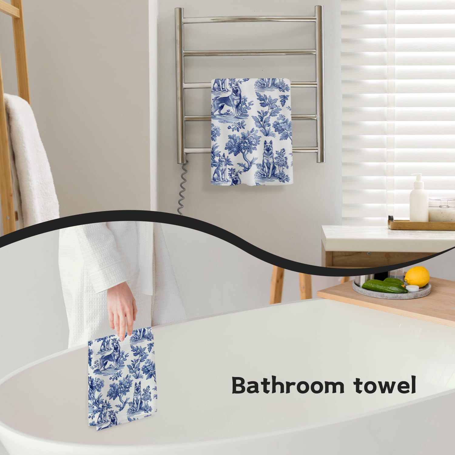 German Shepherd Kitchen Towels, Chinoiserie Blue and White German Shepherd Gifts for Dog Lover Mom, German Shepherd Dish Tea Towels for Kitchen Decor, Grand Millenial Dog Bathroom Decor,16x24 Inch