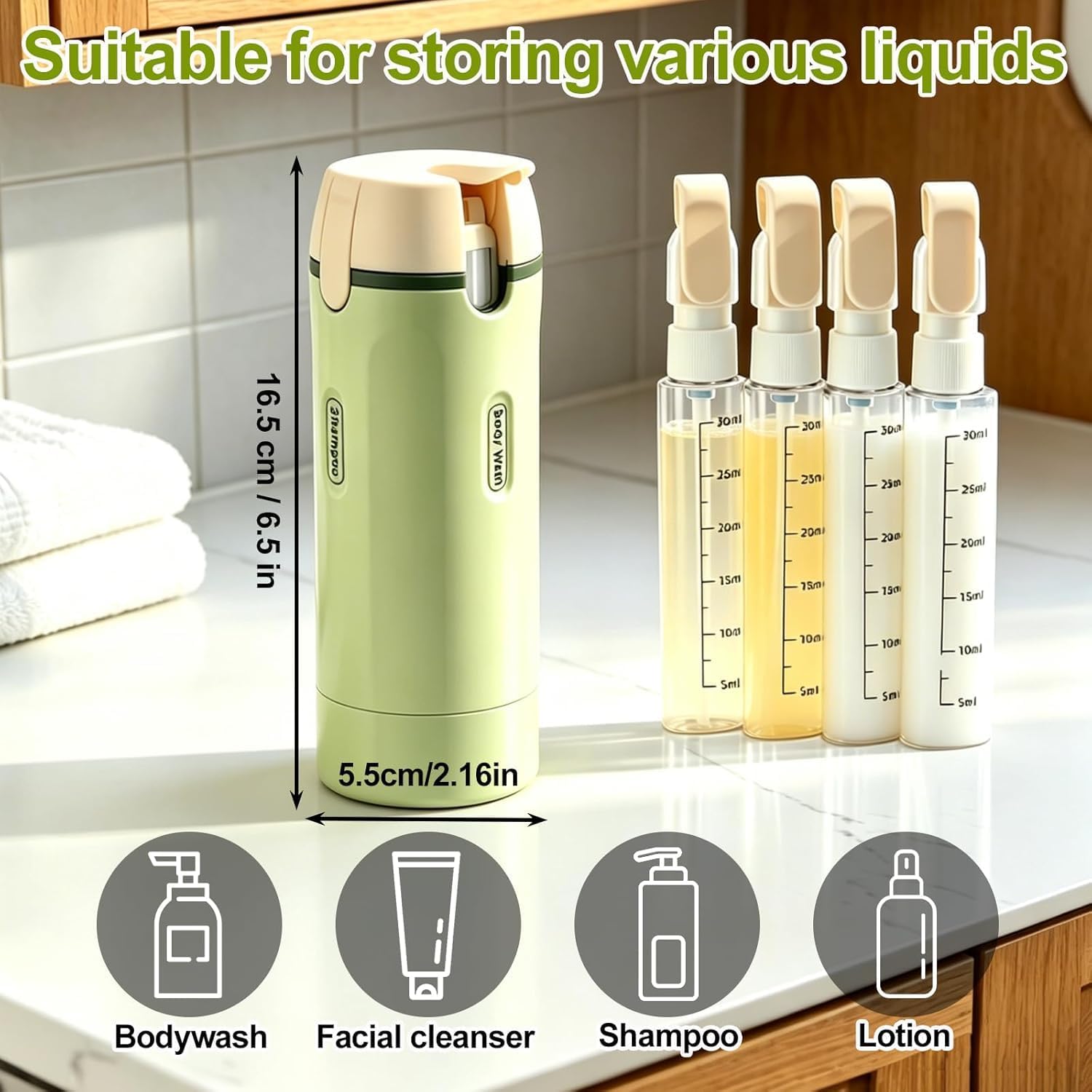 4 in 1 Travel Dispenser, 4 Pack 30ML Travel Bottles for Toiletries, Leak Proof Travel Size Containers, Portable Containers for Shampoo Lotion Conditioner Cream (White)