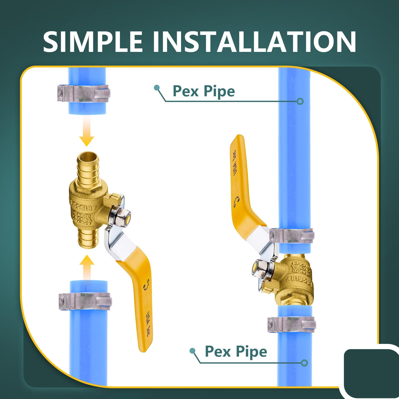 Confezione da 10 valvole a sfera, 3/4" Pex valvola di chiusura a crimpare in ottone giallo, valvola a sfera di chiusura Pex B per acqua calda e fredda, certificato NSF/ANSI 61