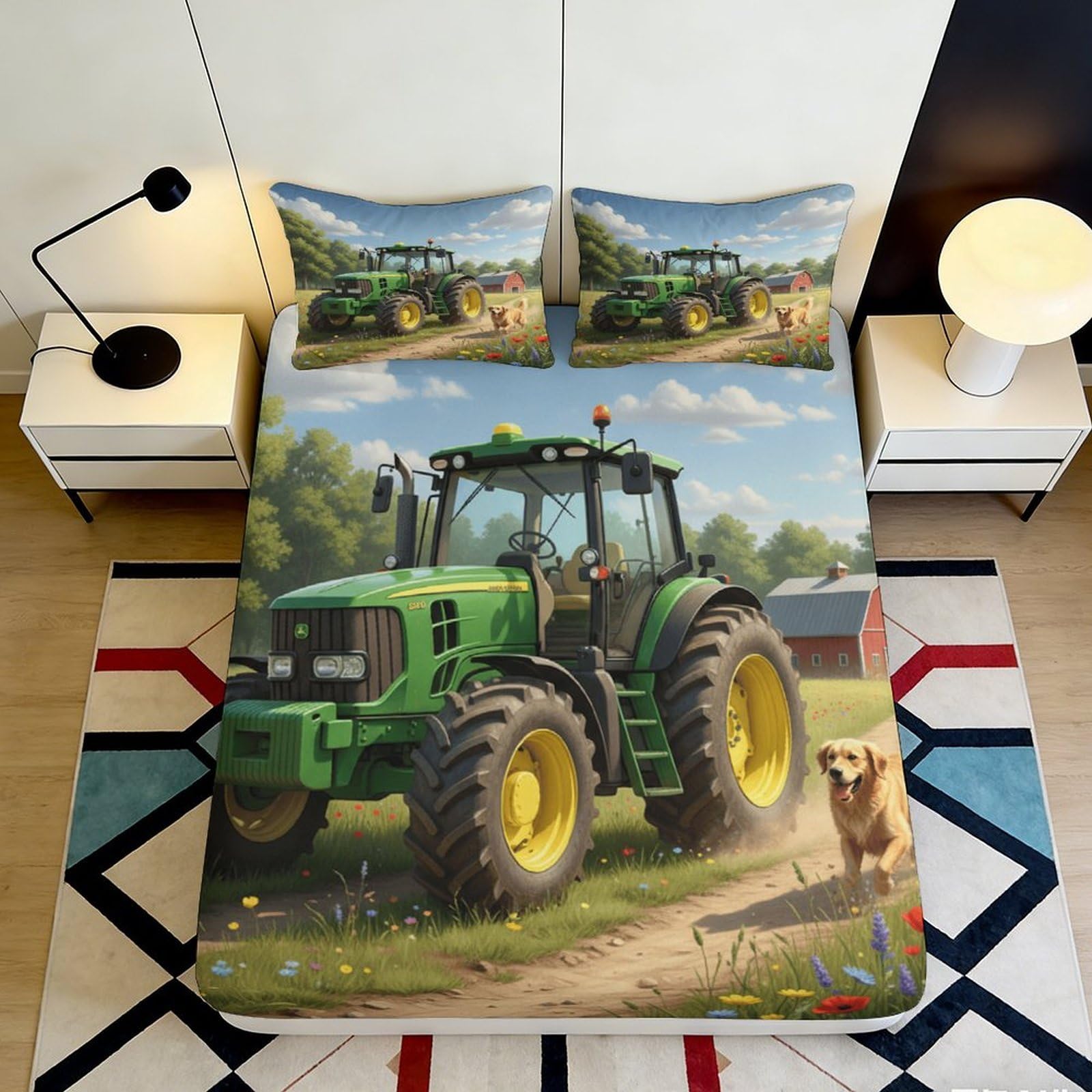 3D Printed Green Tractor Fitted Sheet Microfiber Farm Landscape Mattress Cover for Bedroom Guest Room Dustproof Decor 90x200x25cm