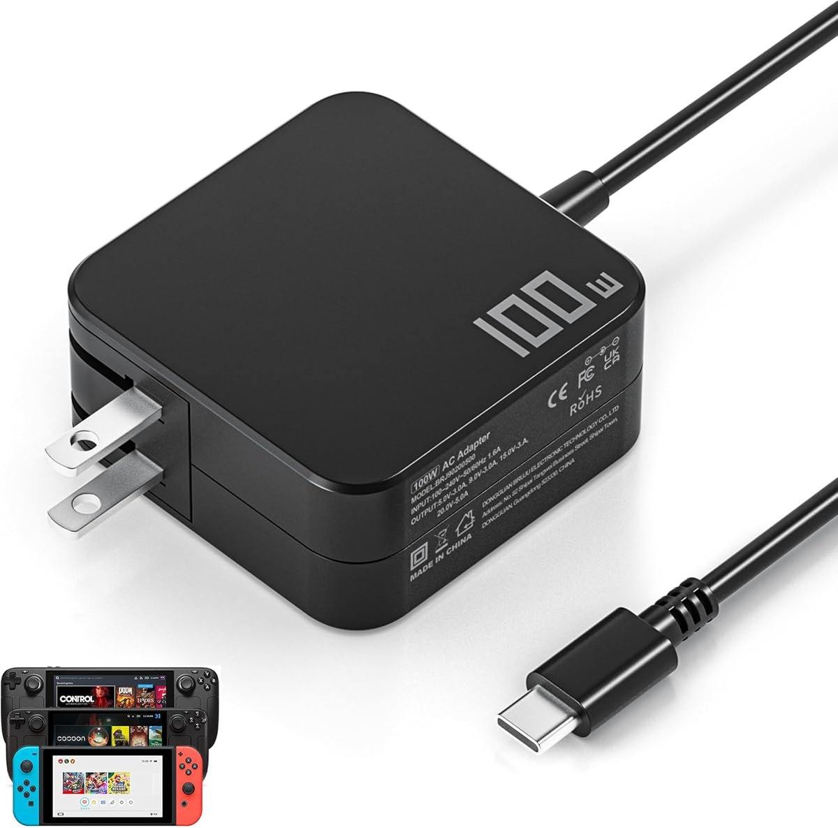 100W USB-C Charger for Steam Deck/Steam Deck OLED, ROG Xbox Ally X/Ally X | for Msi claw, Switch 2/OLED/Lite,GPD Win, Ayaneo, Onexplayer, Legion Go S Type C Power Cord