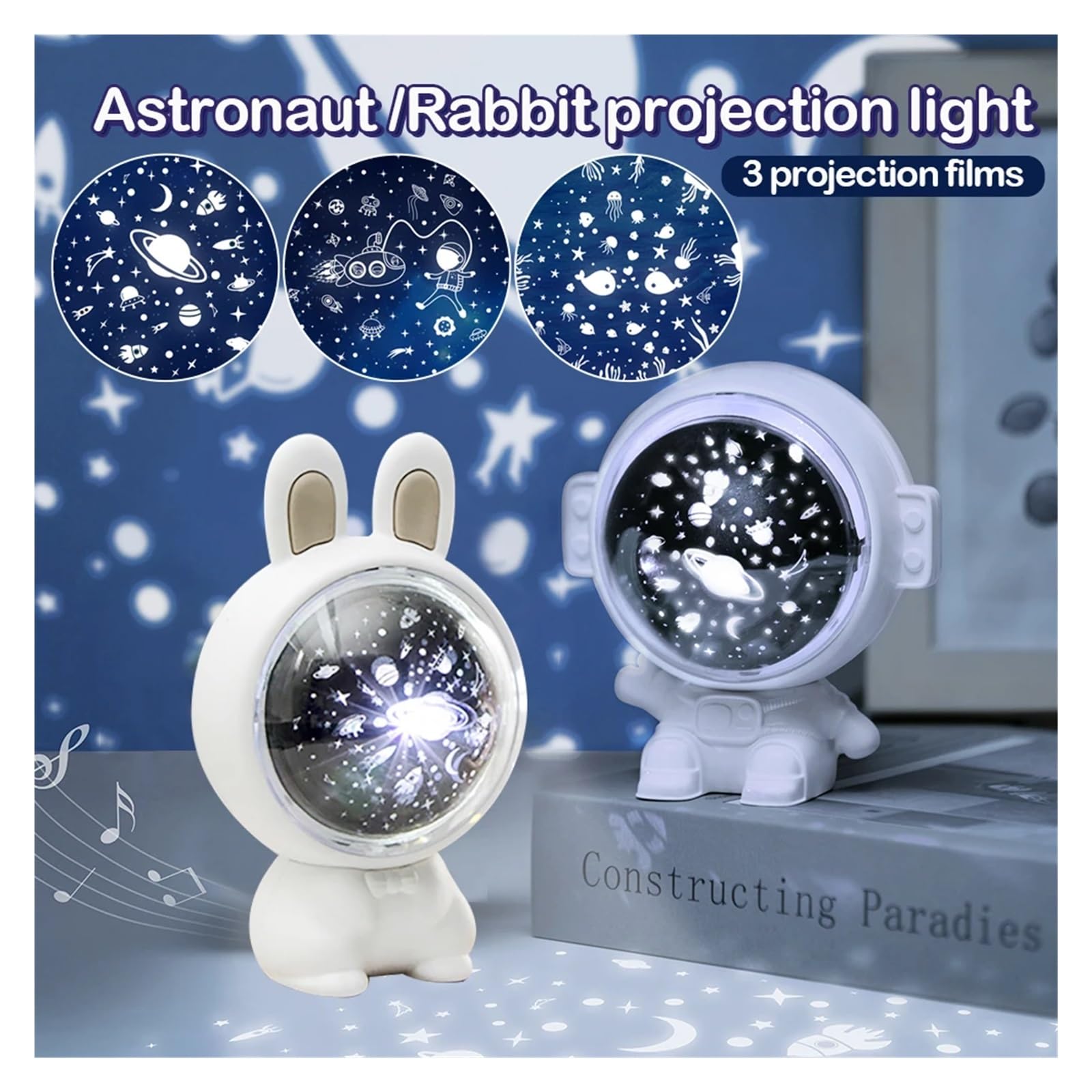 Proyector De Estrellas Y Astronautas De Conejo, Lámpara Giratoria, Luces Nocturnas, Caja De Música, Lámpara Ambiental, Decoración Del Hogar, Regalo For Niños Clear Imágenes(Astronaut projection)