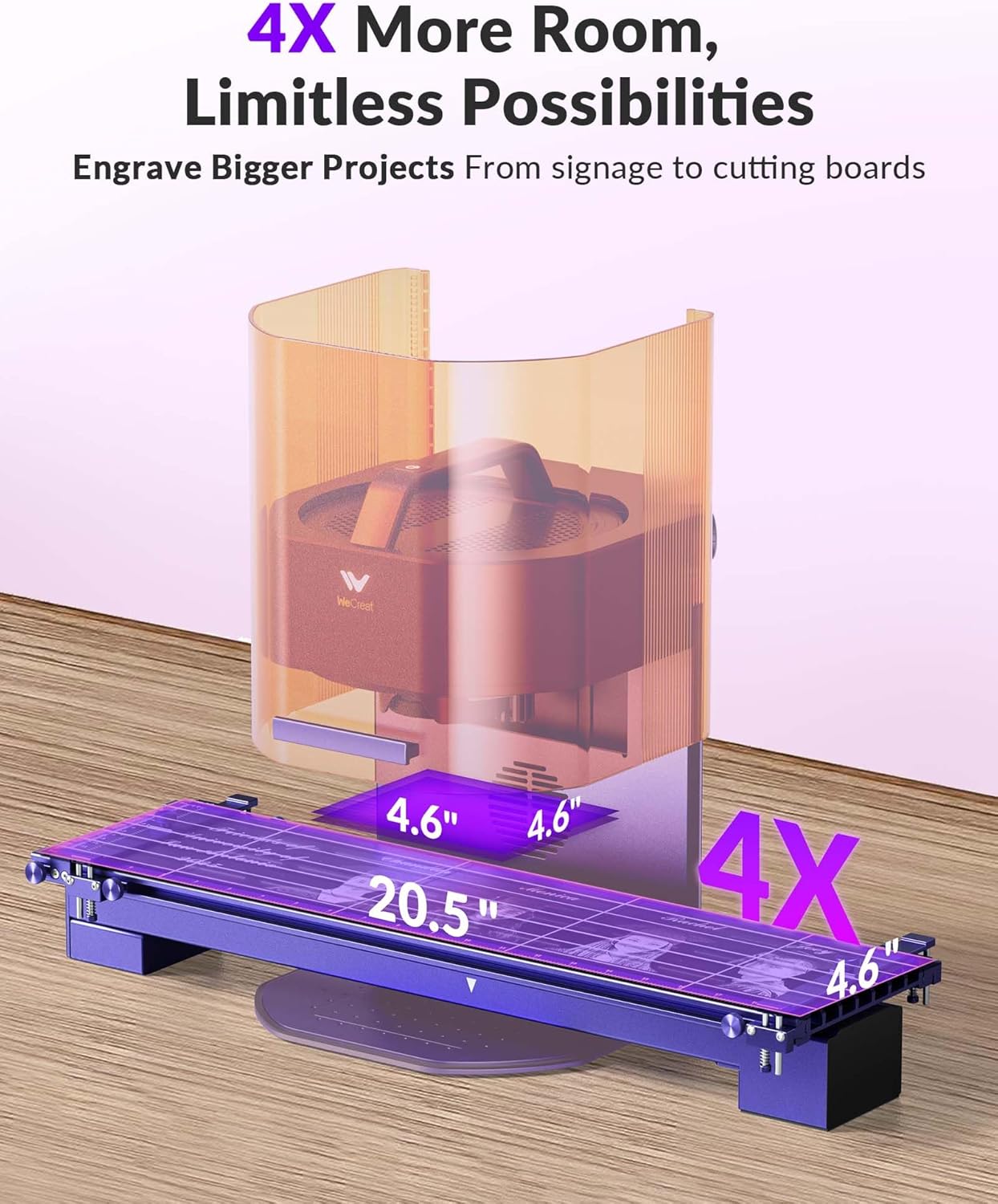 Slide Extension for WeCreat Lumos Laser Engraver, 4X Expanded Working Area (520×116mm) for Batch Engraving, Compatible with Rotary Kit for Long Cylinder Engraving