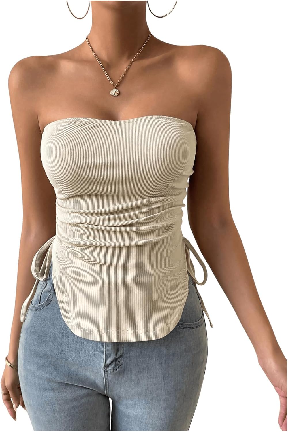 GORGLITTER Women's Strapless Knit Tube Top Y2k Ruched Drawstring Curve Hem Bandeau Going Out Tops