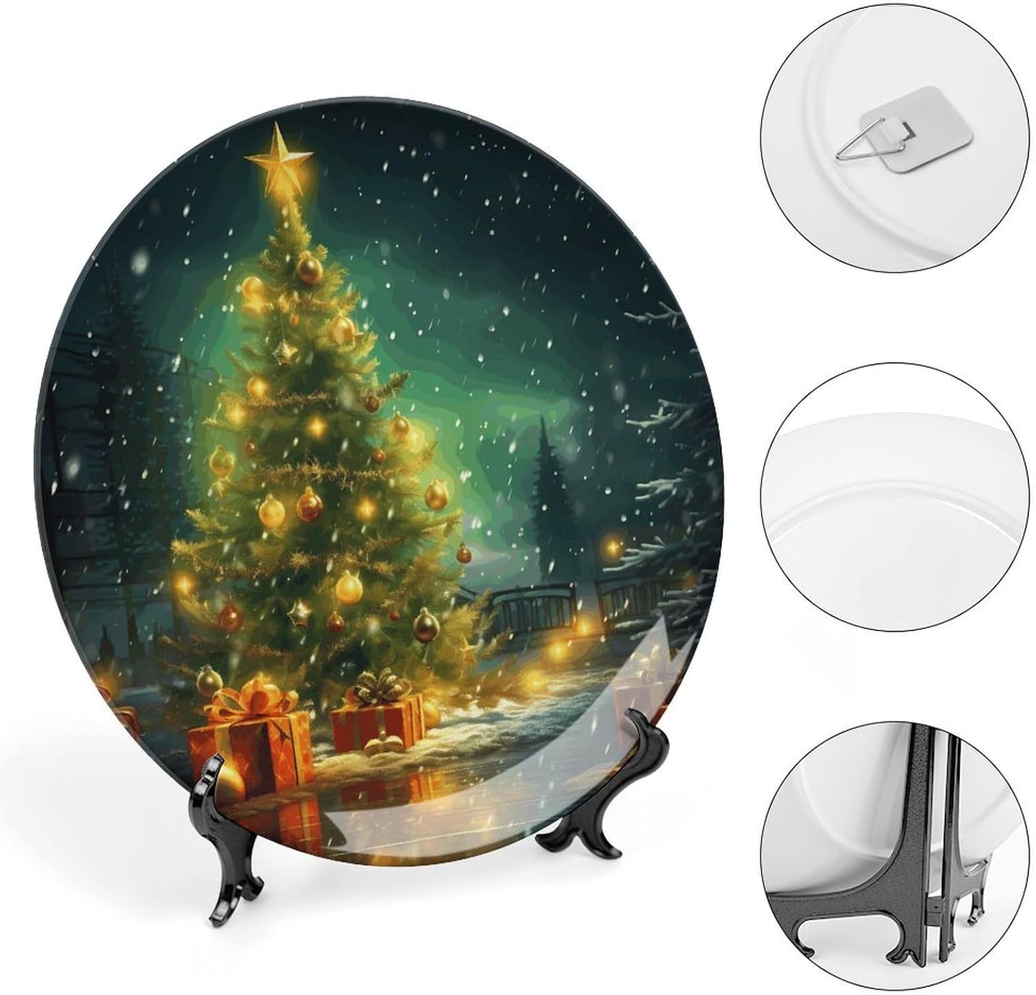 Christmas Trees Bone China Decorative Plate with Display Stand, Ceramic Ornaments Plate for Wall Hanging, Personalized Porcelain Plates for Office, Living Room 8inch