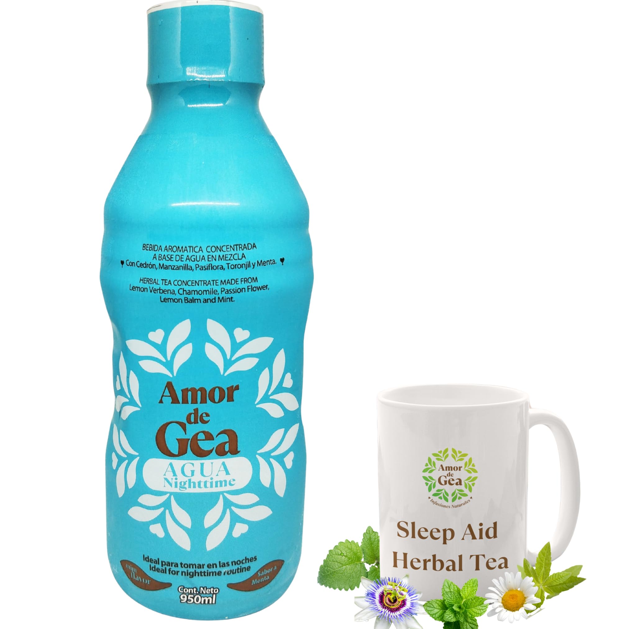 Agua Nighttime Sleep Aid Herbal Tea Concentrate *Ready to Drink *5 in 1: Chamomile-Lemon Balm-Mint-Passionflower-Lemon Verbena, for Natural Relaxation & Stress Relief + 30 Servings