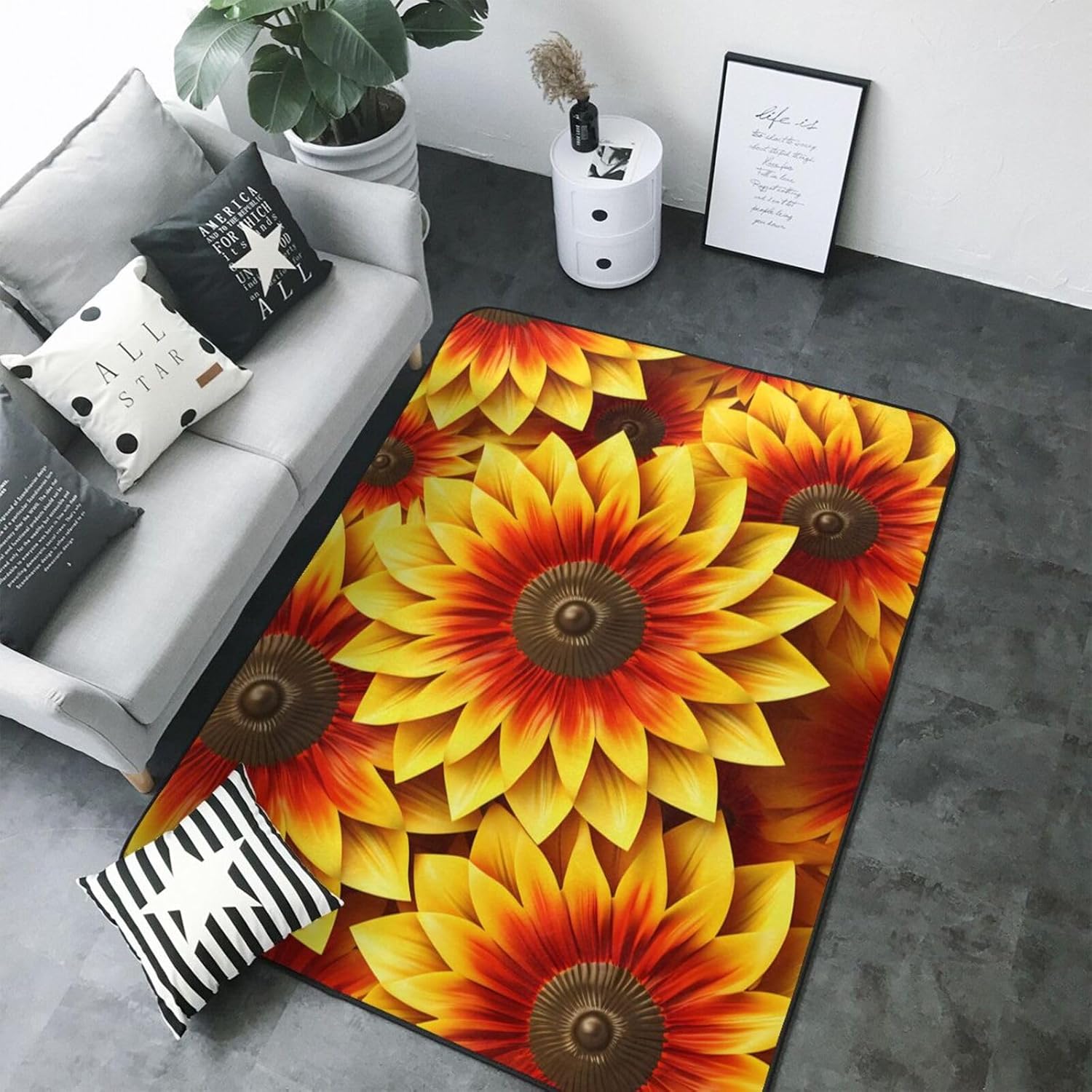 red and Yellow Sunflower Printed Flannel Floor mat 80x58 inches for Bedroom, Living Room, Study Room Decorative Carpet