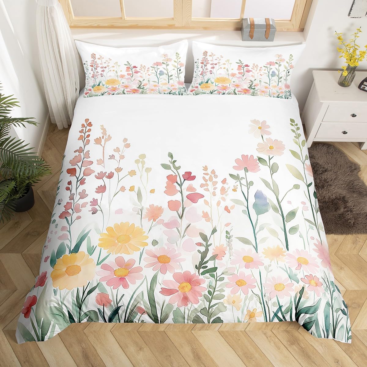 Homemissing Garden Flower Duvet Cover Set Single Size for Kids Boys Girls Botanical Floral Printed Bedding Set Daisy Nature Theme Duvet Cover with 1 Pillowcase — image 1