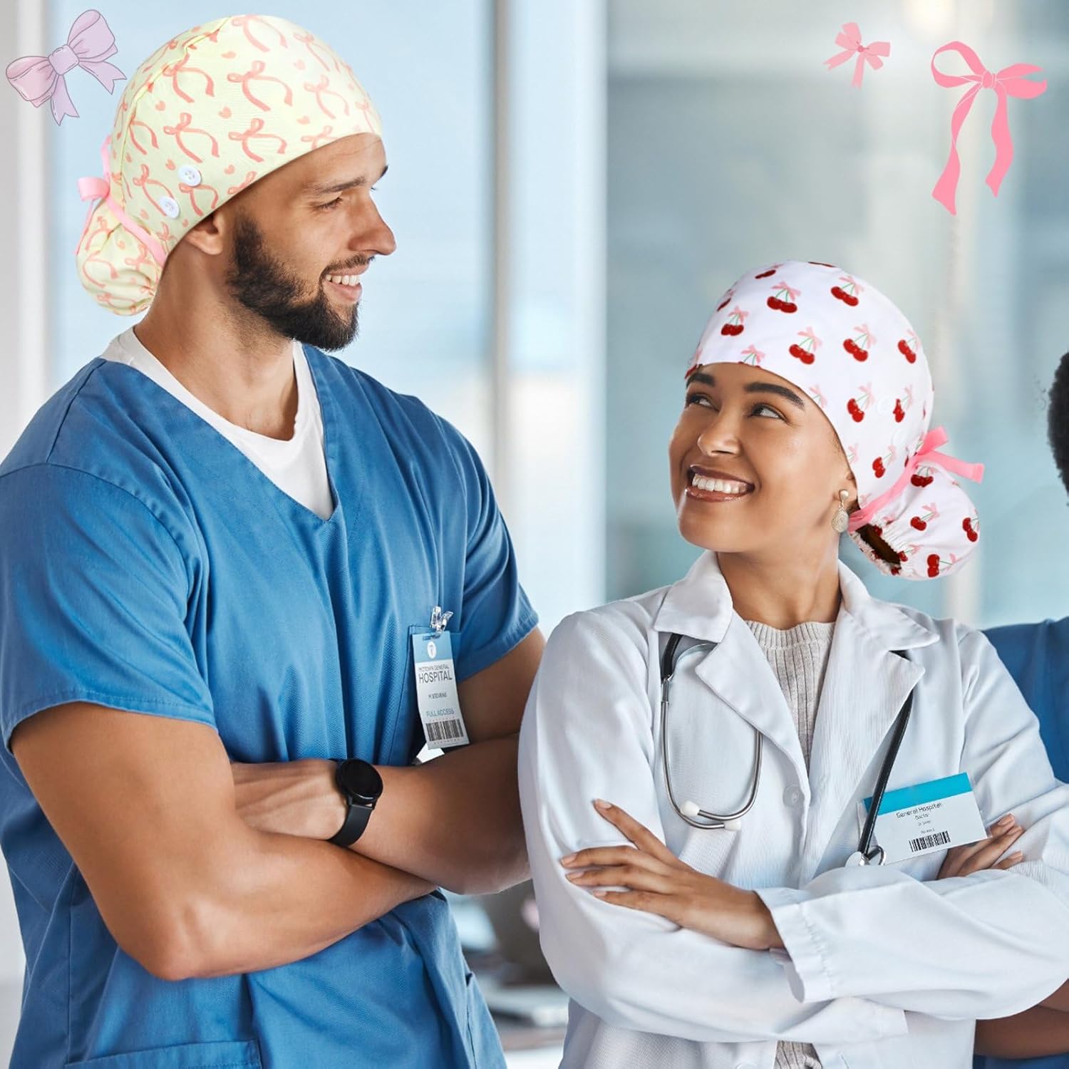 Jadive 6Pcs Satin Lined Working Hat Coquette Bow Scrub Cap Adjustable Pink Tie Back Bouffant Hat with Button for Doctor Nurse - Image 5
