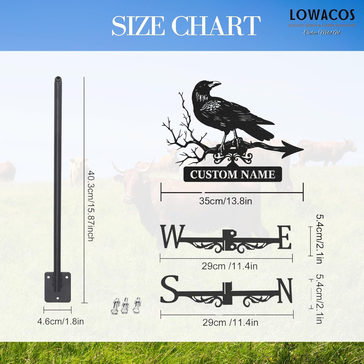 Personalized Metal Weathervane, Custom Raven Weathervane with Name, Roof Mount Wind Direction Indicator, Outdoor Wind Vane Decor for Garden Farmhouse Backyard Patio, Gift for Housewarming